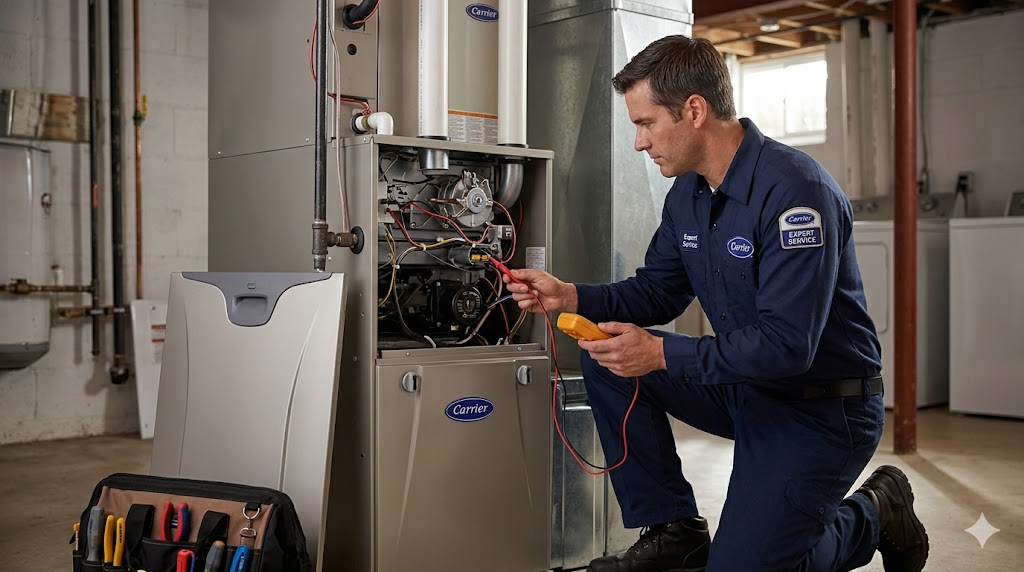RO Appliance Repair technician servicing a Carrier furnace